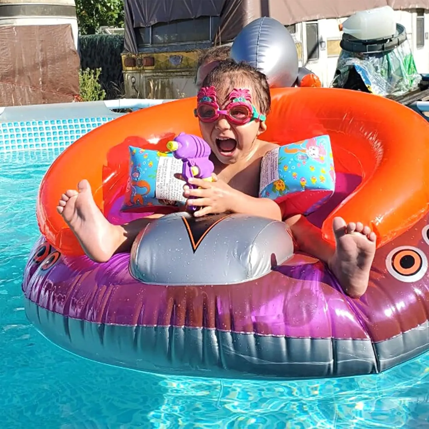 SWIMLINE ORIGINAL Inflatable UFO Spaceship Pool Float Ride On With Fun Constant Flow Laser Ray Gun Water Squirter For Kids | Cool Retro Style | For Beach Ocean Pool Lake | Extra Thick Large Floatie