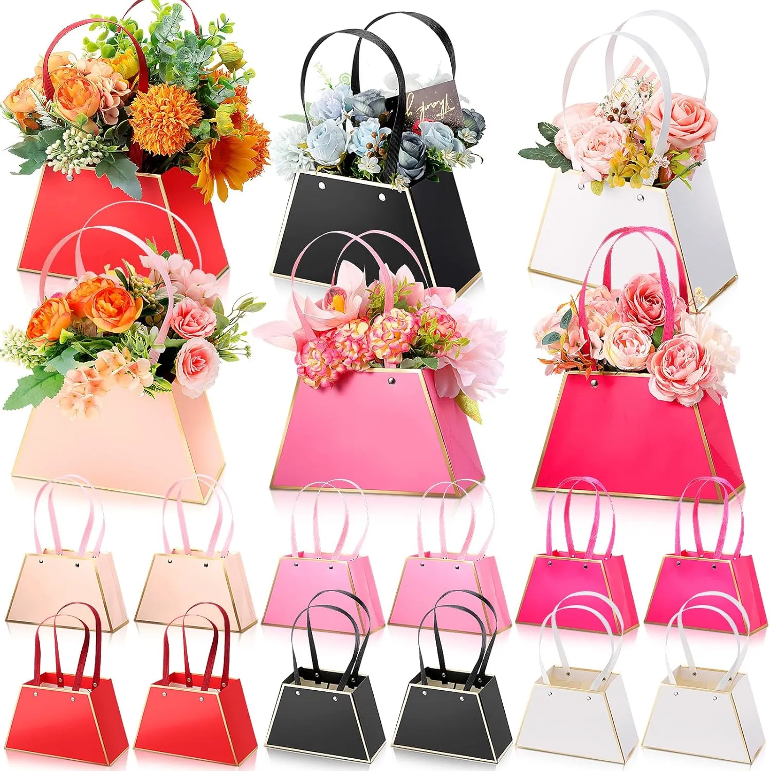 TaoBary 18 Pcs Mother Day Floral Bouquet Boxes for Arrangement Portable Flower Paper Gift Bag Bulk Florist Bouquet Wrapping Box with Handle for Wedding Graduation Bridal Shower Party(Lovely)
