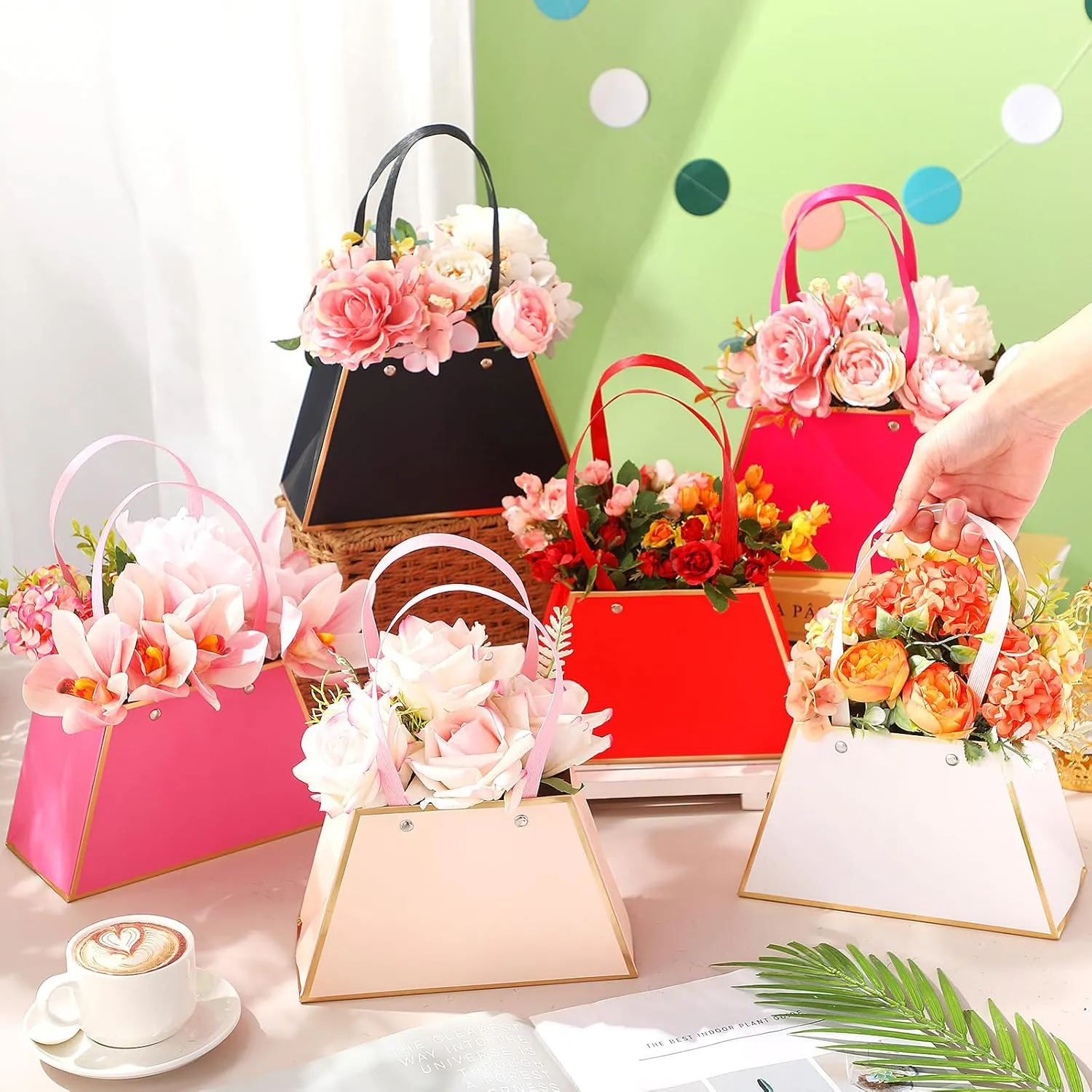 TaoBary 18 Pcs Mother Day Floral Bouquet Boxes for Arrangement Portable Flower Paper Gift Bag Bulk Florist Bouquet Wrapping Box with Handle for Wedding Graduation Bridal Shower Party(Lovely)