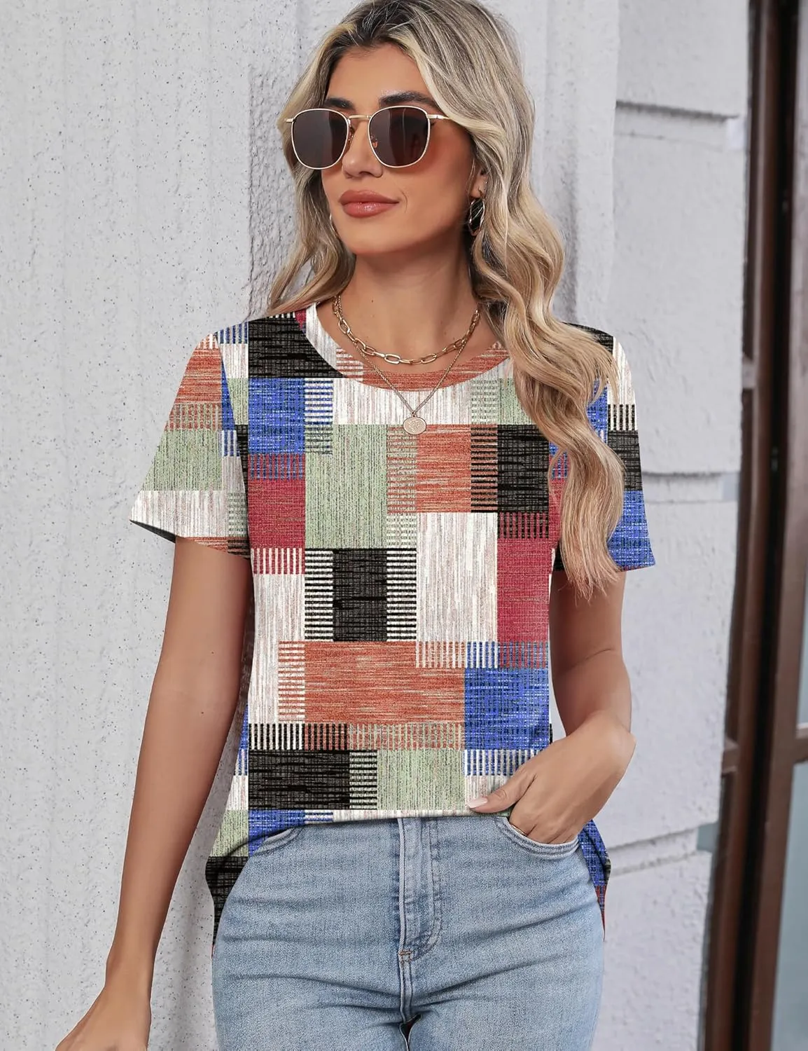 TCOT Women's Tops Summer Short Sleeve Crew Neck Shirts Dressy Casual Blouses for Women S-3XL