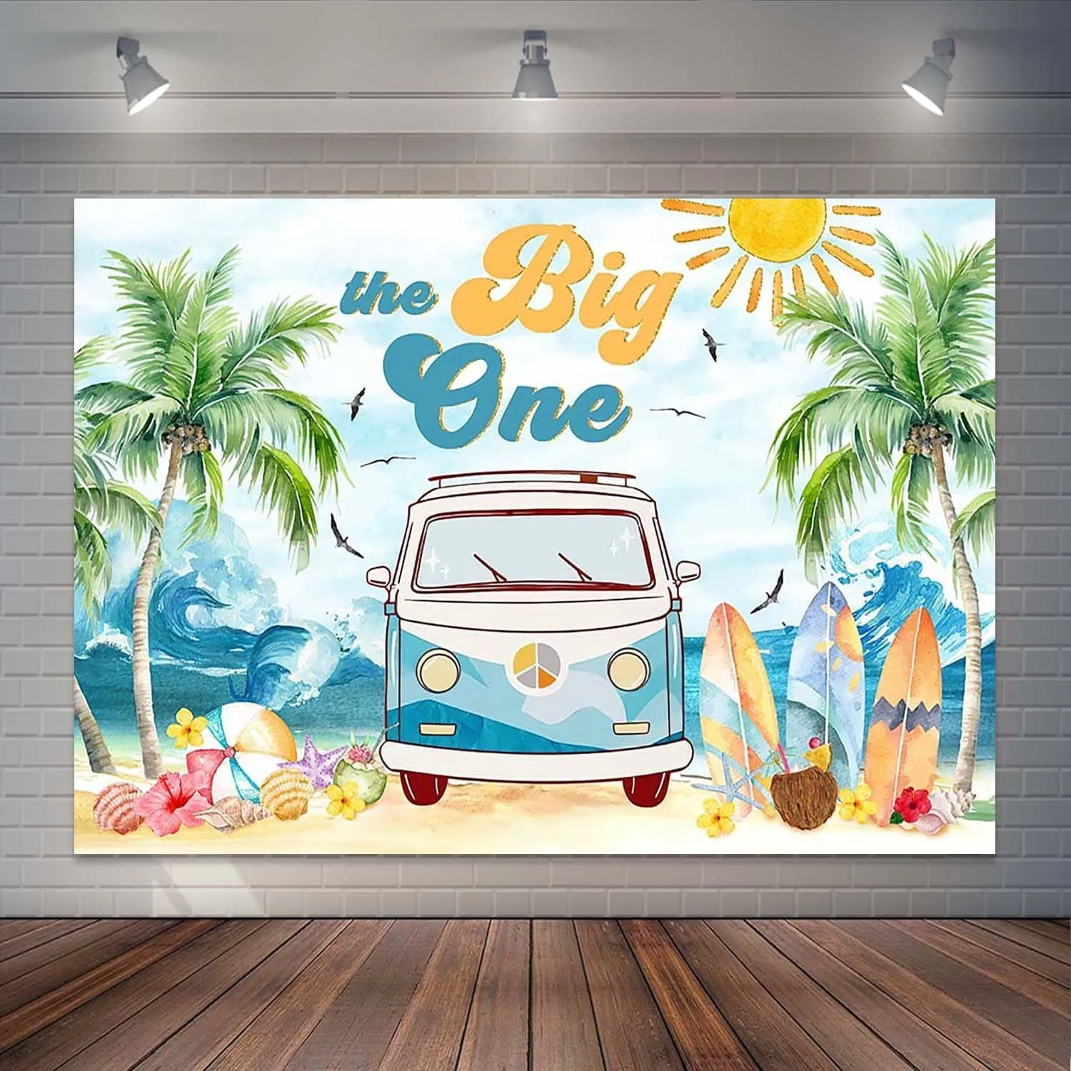 The Big One 1st Birthday Backdrop Surfing 1st Birthday Party Photography Background Retro Van Surfboard Beach First Birthday Party Decorations Banner Photo Booth Props (7x5ft)