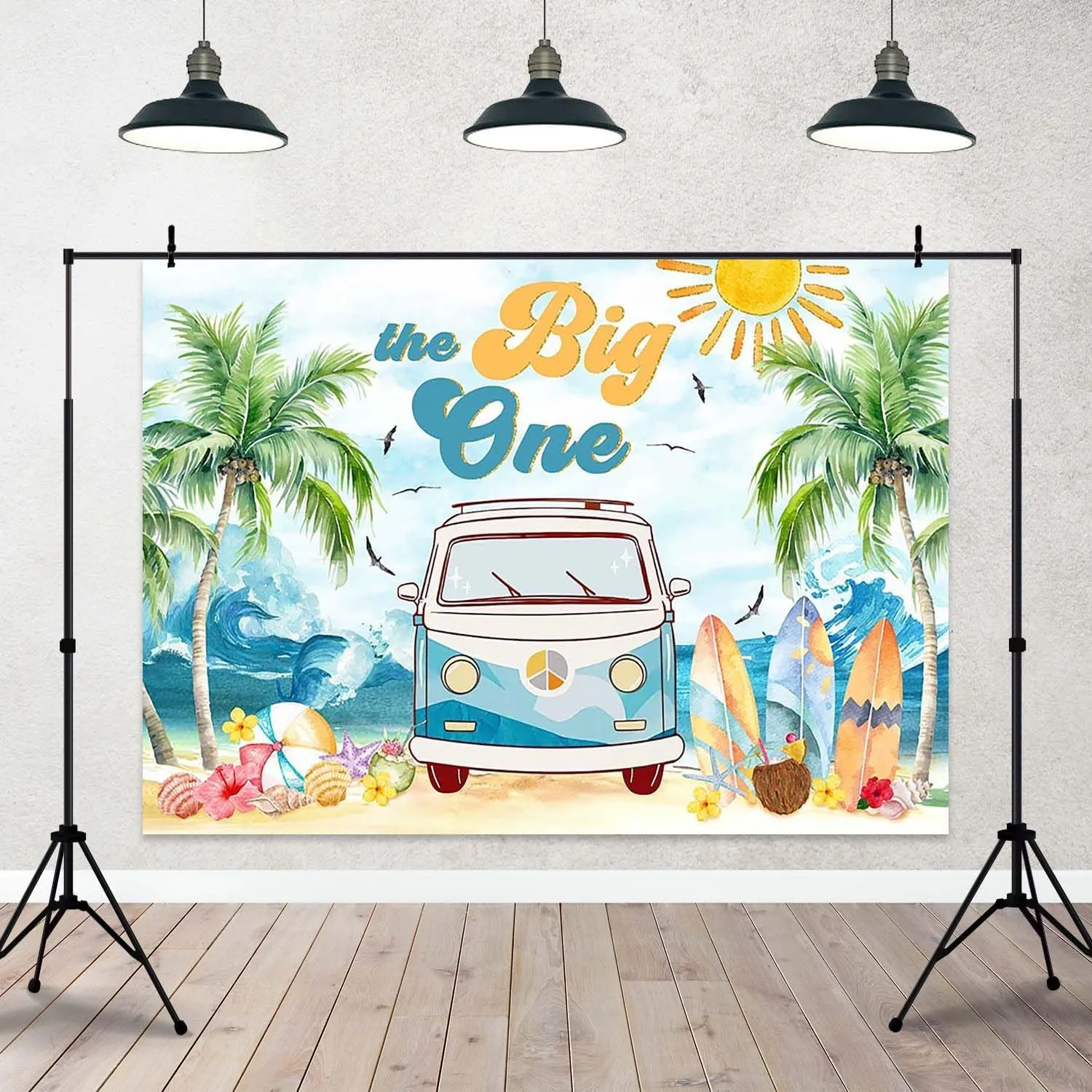 The Big One 1st Birthday Backdrop Surfing 1st Birthday Party Photography Background Retro Van Surfboard Beach First Birthday Party Decorations Banner Photo Booth Props (7x5ft)