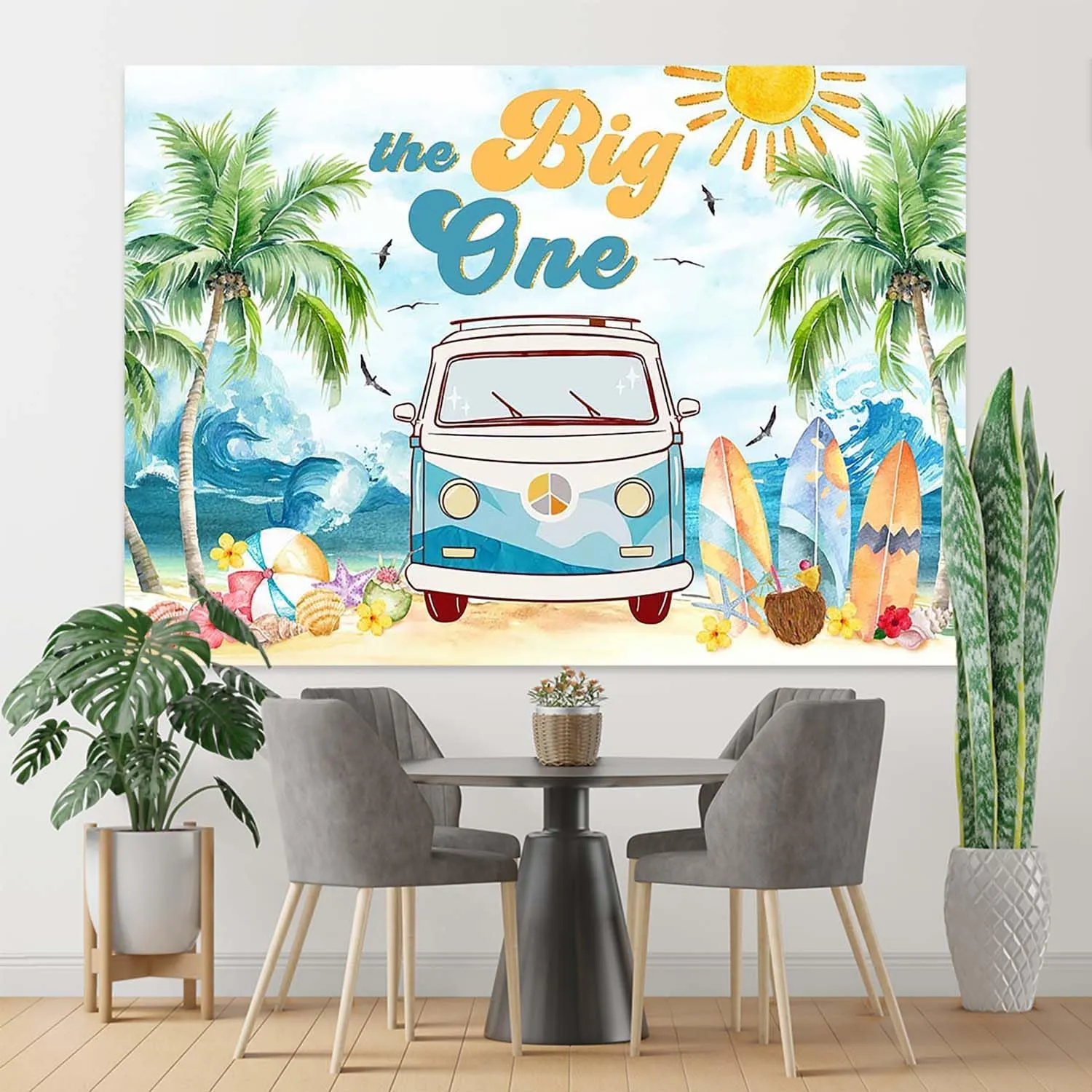 The Big One 1st Birthday Backdrop Surfing 1st Birthday Party Photography Background Retro Van Surfboard Beach First Birthday Party Decorations Banner Photo Booth Props (7x5ft)