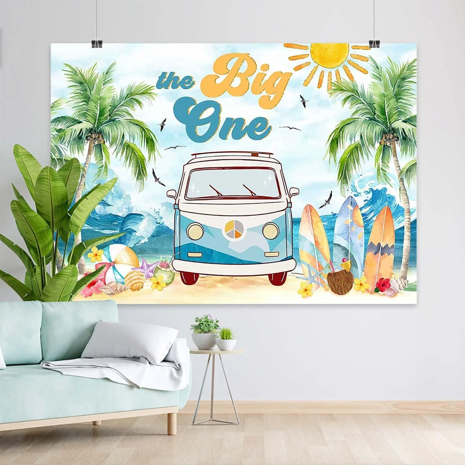 The Big One 1st Birthday Backdrop Surfing 1st Birthday Party Photography Background Retro Van Surfboard Beach First Birthday Party Decorations Banner Photo Booth Props (7x5ft)