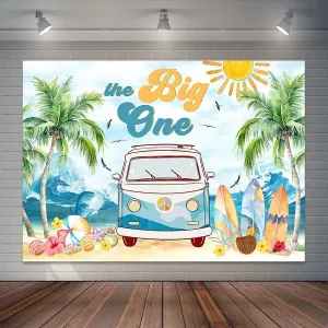 The Big One 1st Birthday Backdrop Surfing 1st Birthday Party Photography Background Retro Van Surfboard Beach First Birthday Party Decorations Banner Photo Booth Props (7x5ft)