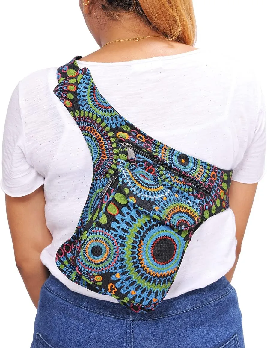 The Collection Royal Handmade Festival Waistpack Boho Hippie Waist Bag Hip Bum Running Belt Fanny Pack Travel Utility Belt (Blk Grn)