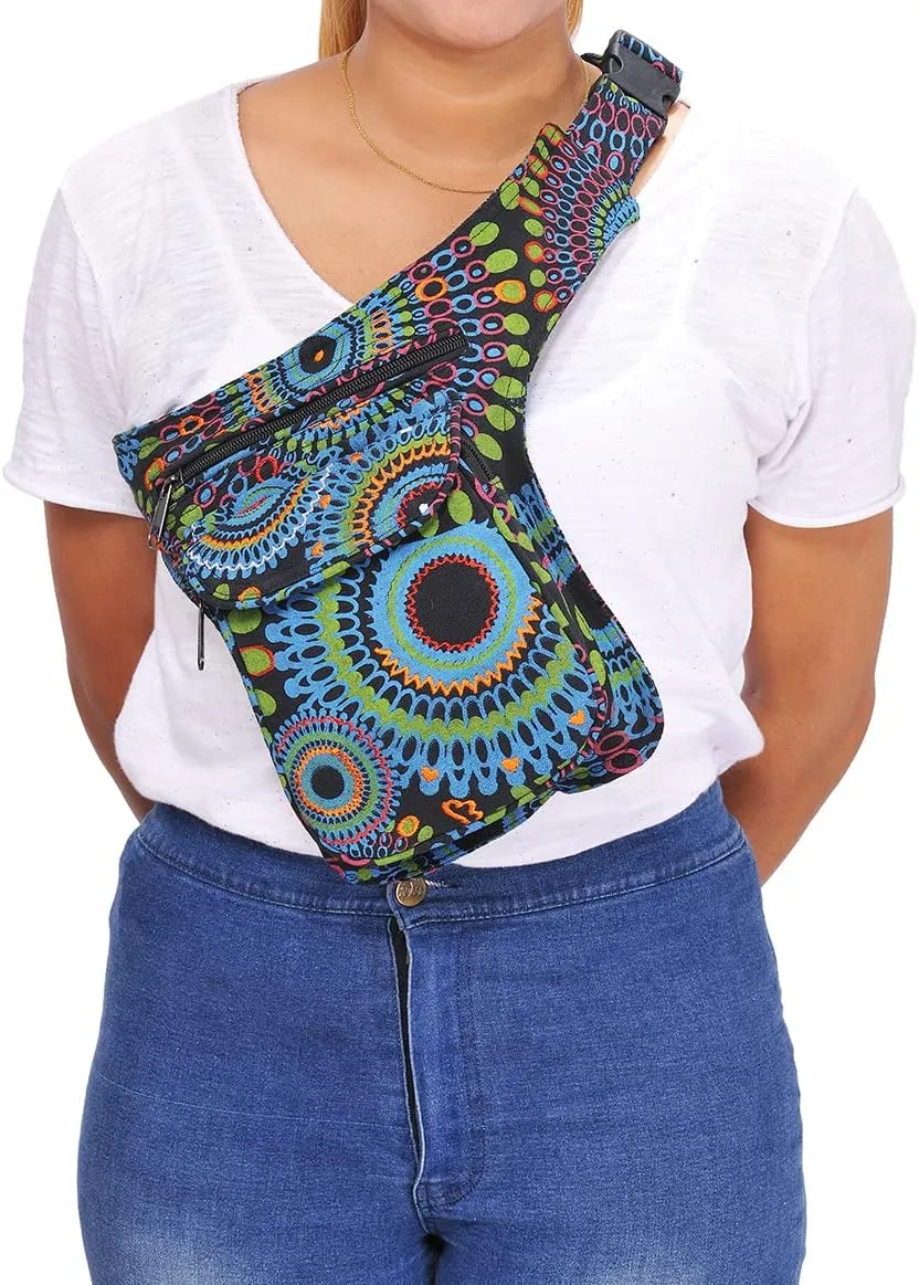 The Collection Royal Handmade Festival Waistpack Boho Hippie Waist Bag Hip Bum Running Belt Fanny Pack Travel Utility Belt (Blk Grn)