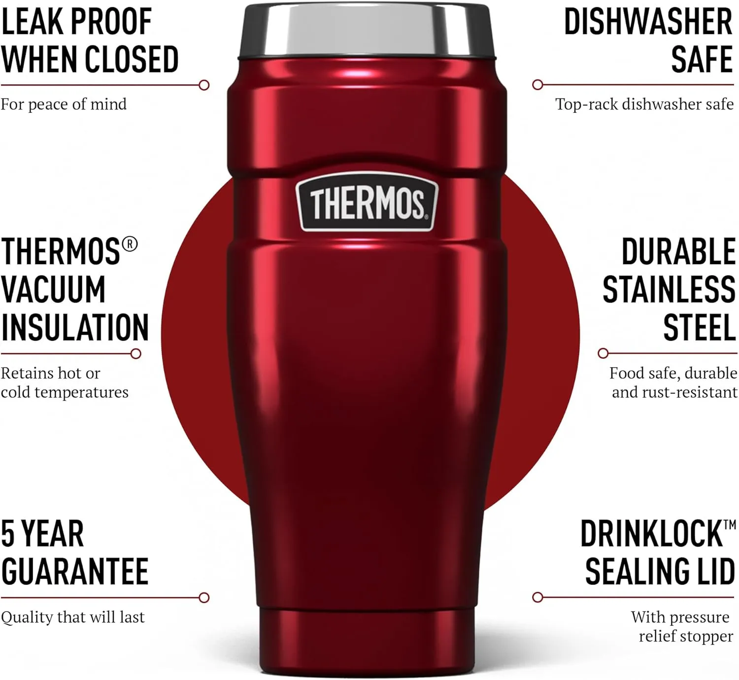 Thermos Stainless Steel King Travel Tumbler, Red, 470 ml