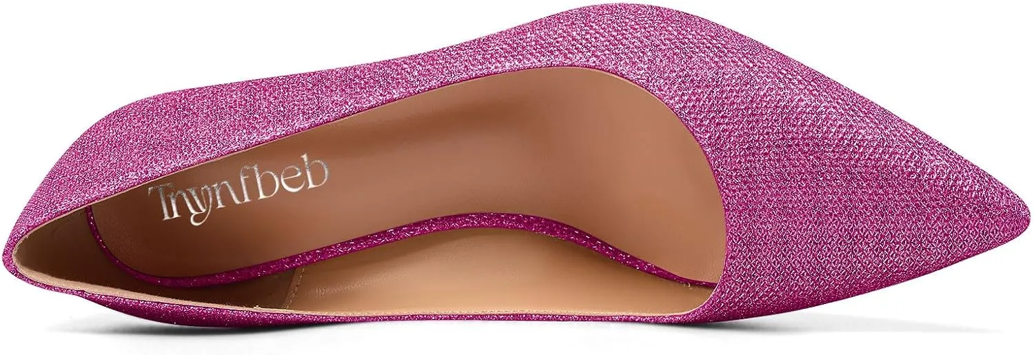 TNYNFBEB Womens Chunky Block Mid Heel Pointed Toe Pumps Slip-on Prom Wedding Basic Classic Glitter Summer 3.2 Inches Heels