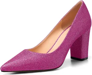 TNYNFBEB Womens Chunky Block Mid Heel Pointed Toe Pumps Slip-on Prom Wedding Basic Classic Glitter Summer 3.2 Inches Heels