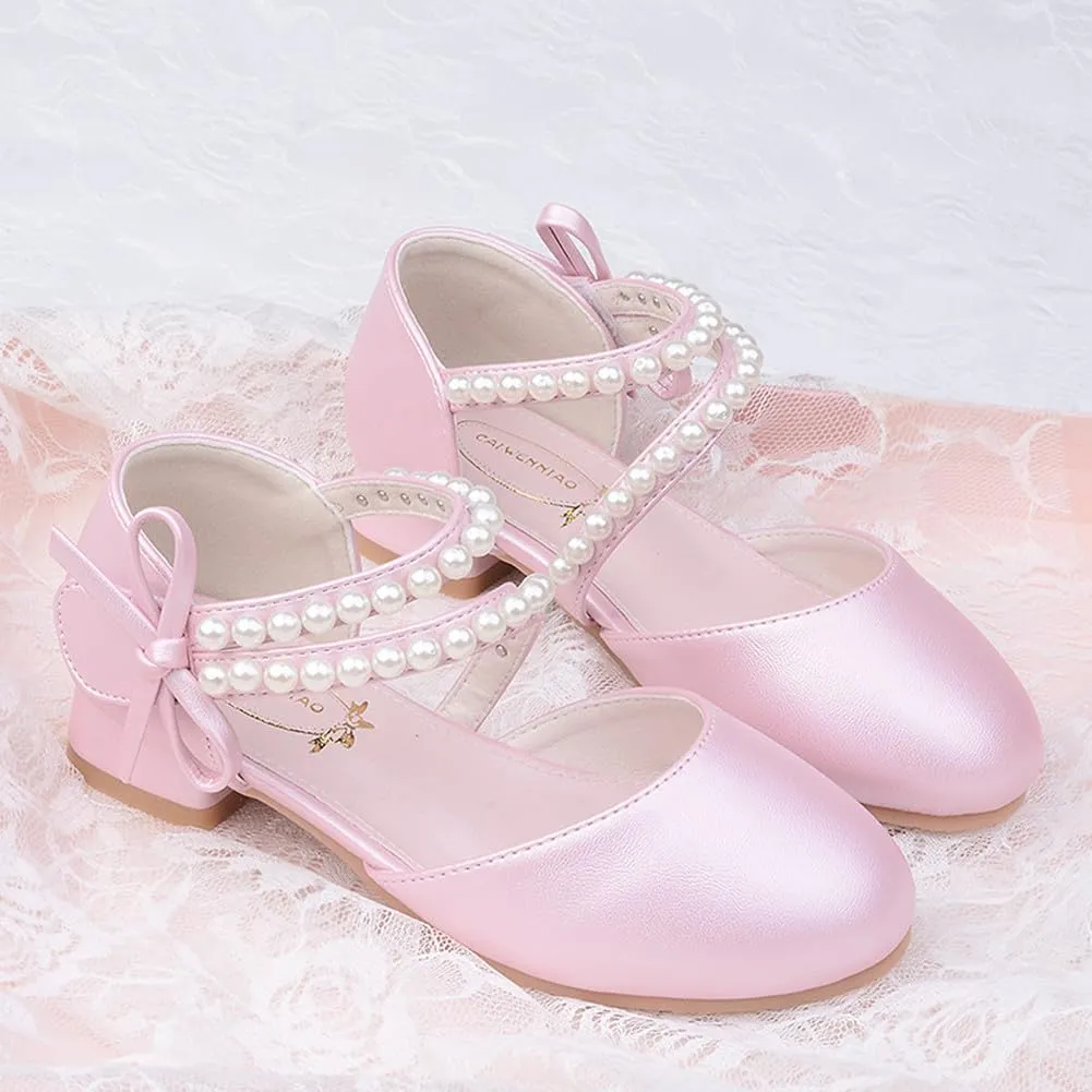Toddler Flower Girl Princess Dress Shoes Pearl Straps Wedding Bridesmaids Party Low Heels Mary Jane Pumps for Little Girl