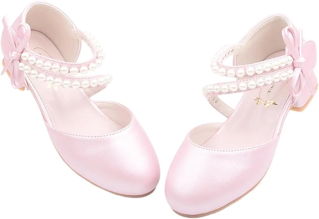 Toddler Flower Girl Princess Dress Shoes Pearl Straps Wedding Bridesmaids Party Low Heels Mary Jane Pumps for Little Girl