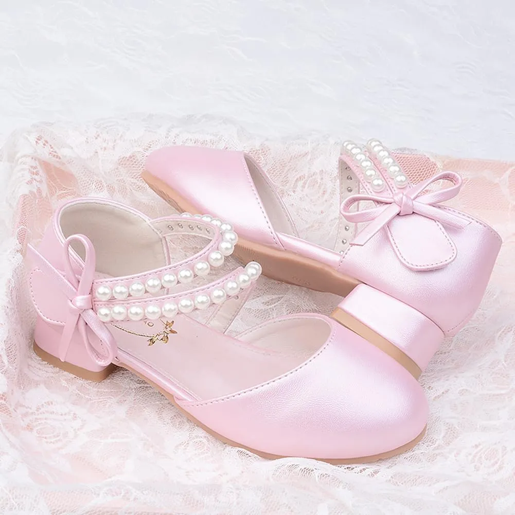 Toddler Flower Girl Princess Dress Shoes Pearl Straps Wedding Bridesmaids Party Low Heels Mary Jane Pumps for Little Girl