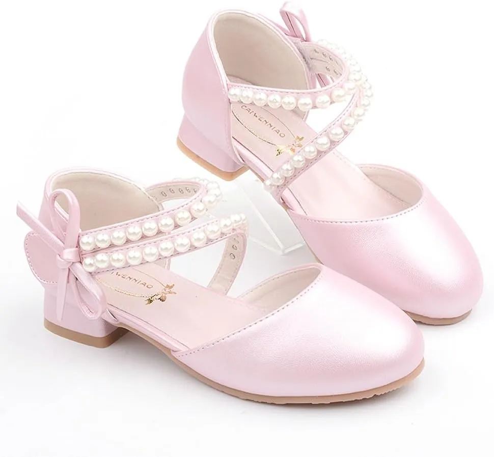 Toddler Flower Girl Princess Dress Shoes Pearl Straps Wedding Bridesmaids Party Low Heels Mary Jane Pumps for Little Girl