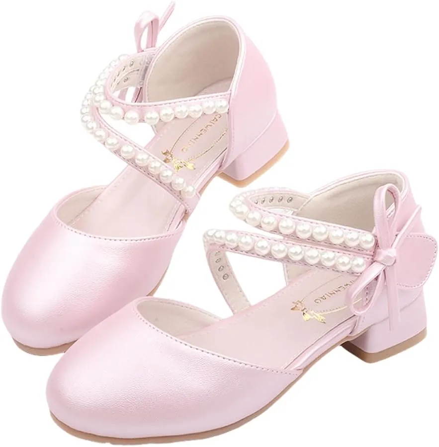 Toddler Flower Girl Princess Dress Shoes Pearl Straps Wedding Bridesmaids Party Low Heels Mary Jane Pumps for Little Girl