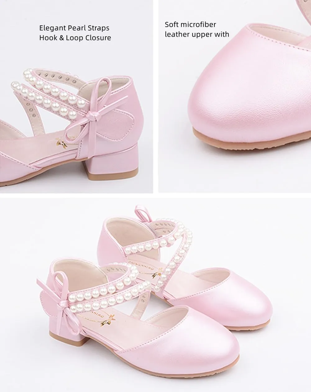 Toddler Flower Girl Princess Dress Shoes Pearl Straps Wedding Bridesmaids Party Low Heels Mary Jane Pumps for Little Girl