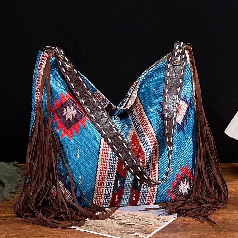 Tote Bag Bohemian Vintage Shoulder Bag Zipper Tote 16.9 Inch Large Capacity Canvas Bag for Women