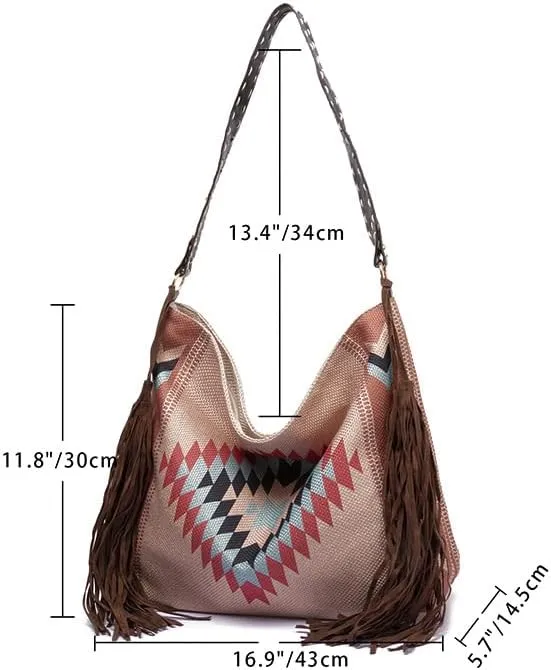 Tote Bag Bohemian Vintage Shoulder Bag Zipper Tote 16.9 Inch Large Capacity Canvas Bag for Women