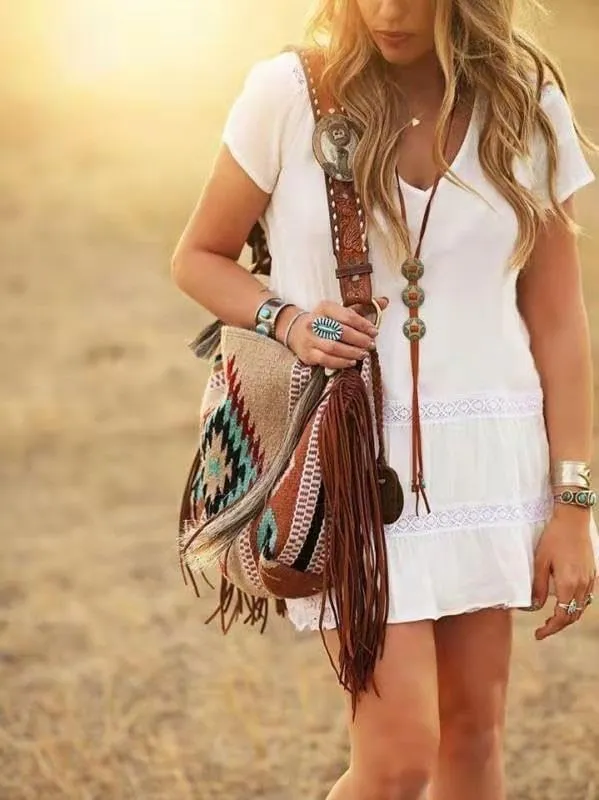 Tote Bag Bohemian Vintage Shoulder Bag Zipper Tote 16.9 Inch Large Capacity Canvas Bag for Women