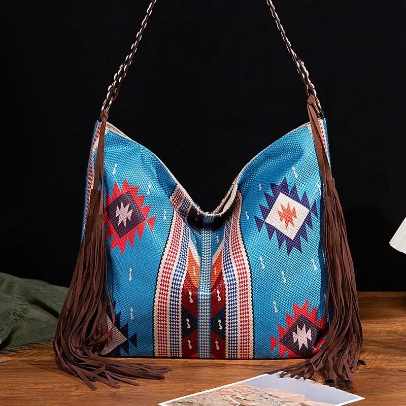 Tote Bag Bohemian Vintage Shoulder Bag Zipper Tote 16.9 Inch Large Capacity Canvas Bag for Women