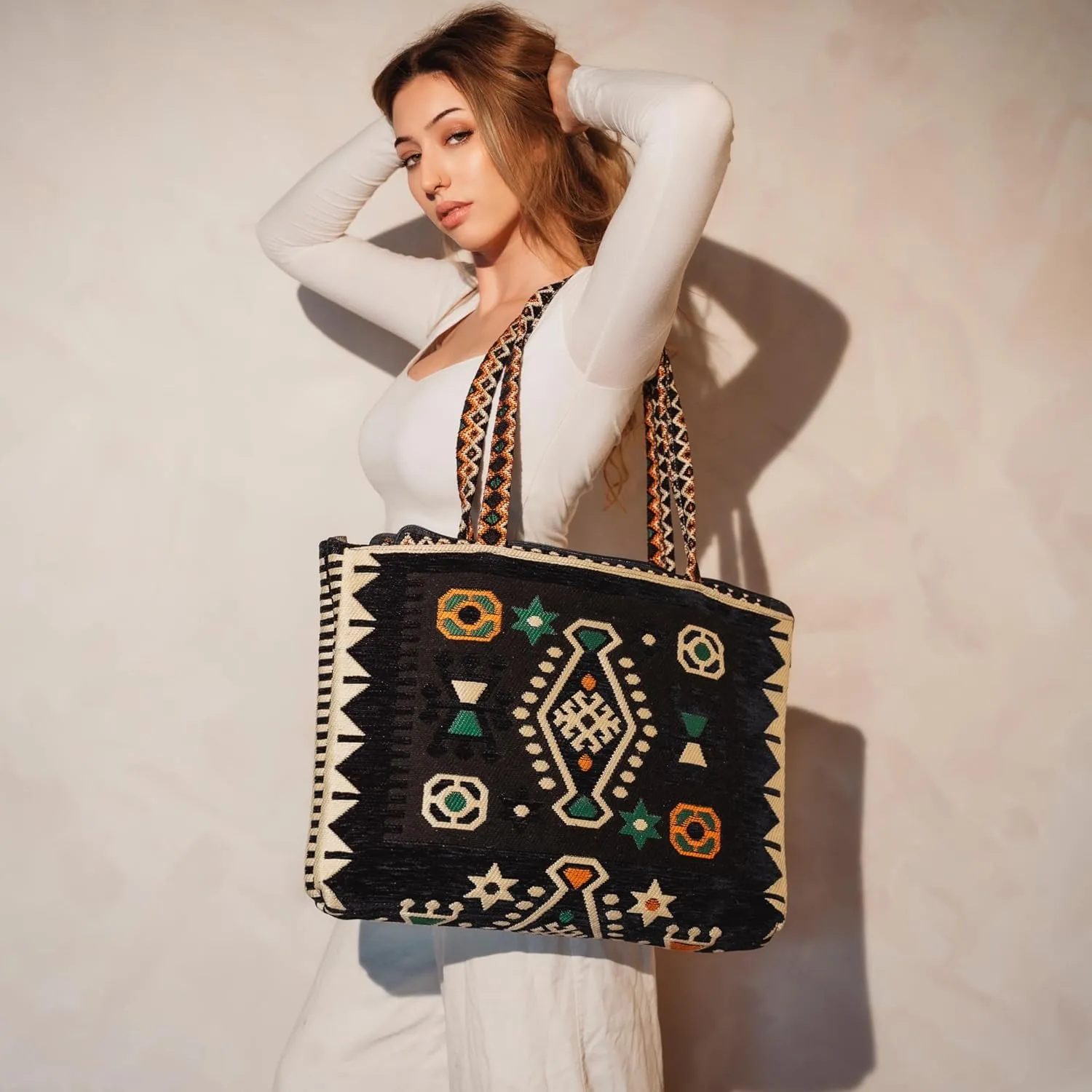 Tote Bag for Women Woven Shoulder Bag Gym Travel Weekender Cute Tote with Compartments Fits 17-Inch Laptop