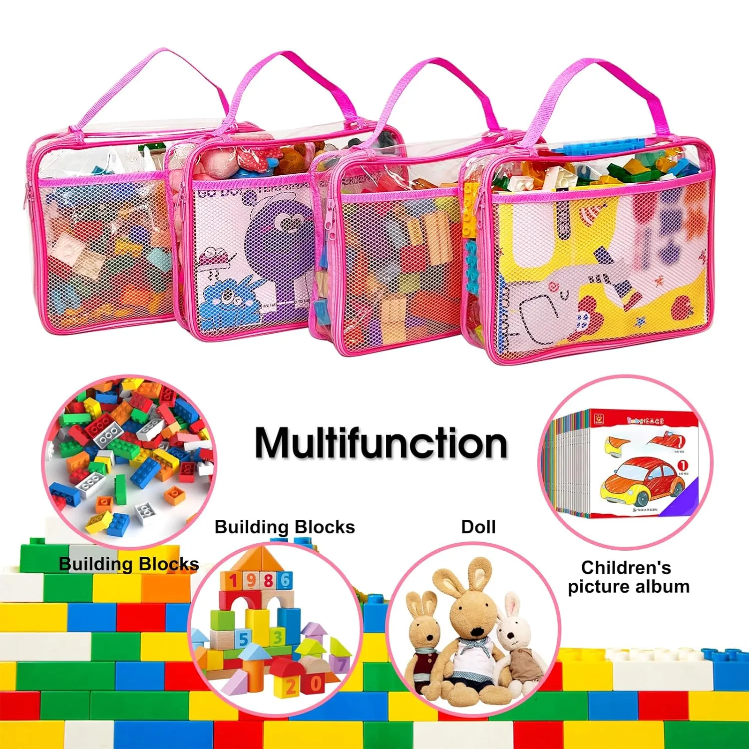Toy Zippered Blocks Set Storage Bags for boy girls - 4PC Large PVC Storage Organizer Bags with Mesh Side Pockets for Puzzle, Clay, Book, Small Models and Mini Plush Toys, L: 9”x3”x11.8” (Pink)