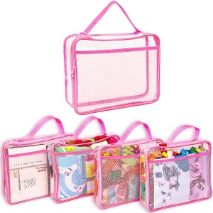 Toy Zippered Blocks Set Storage Bags for boy girls - 4PC Large PVC Storage Organizer Bags with Mesh Side Pockets for Puzzle, Clay, Book, Small Models and Mini Plush Toys, L: 9”x3”x11.8” (Pink)