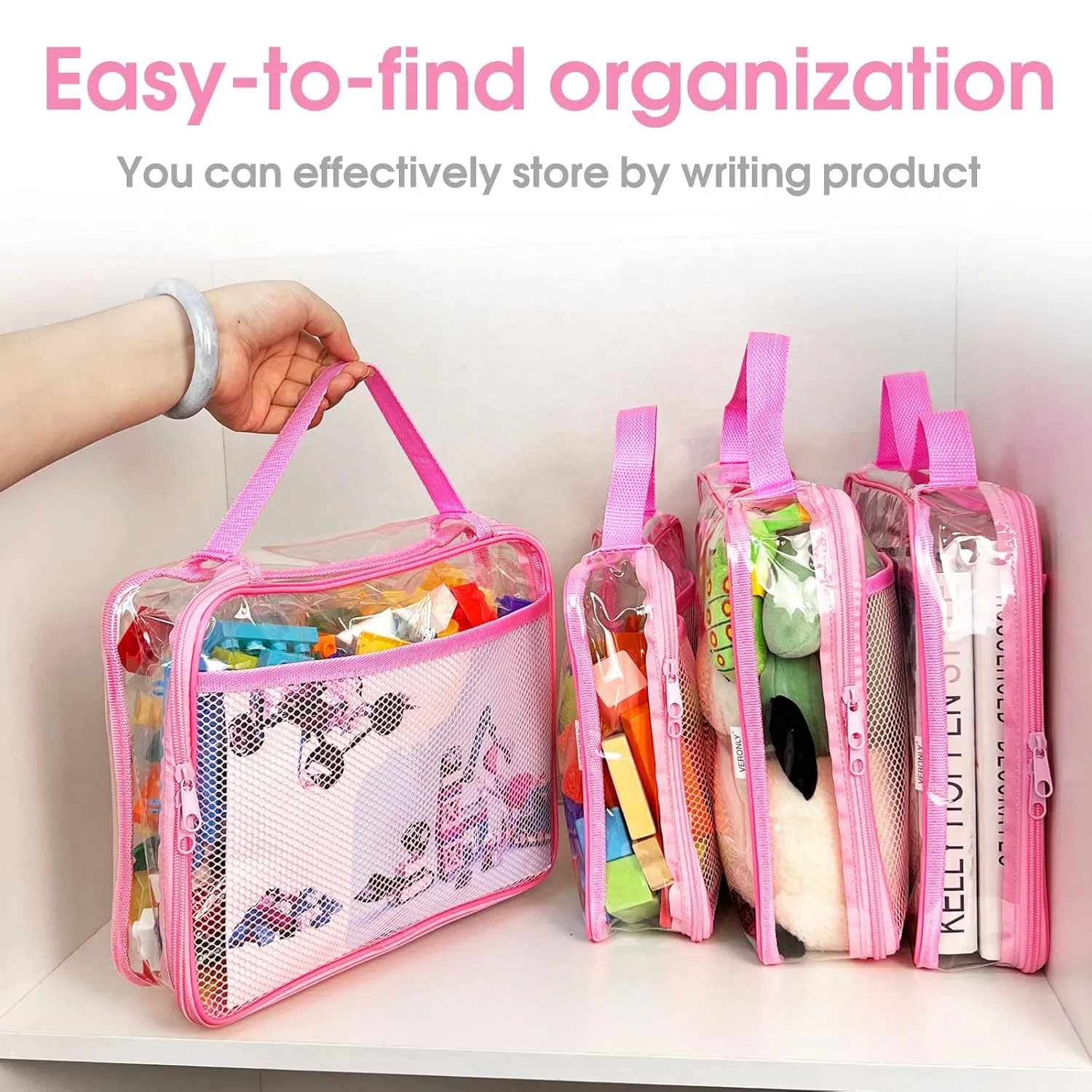 Toy Zippered Blocks Set Storage Bags for boy girls - 4PC Large PVC Storage Organizer Bags with Mesh Side Pockets for Puzzle, Clay, Book, Small Models and Mini Plush Toys, L: 9”x3”x11.8” (Pink)