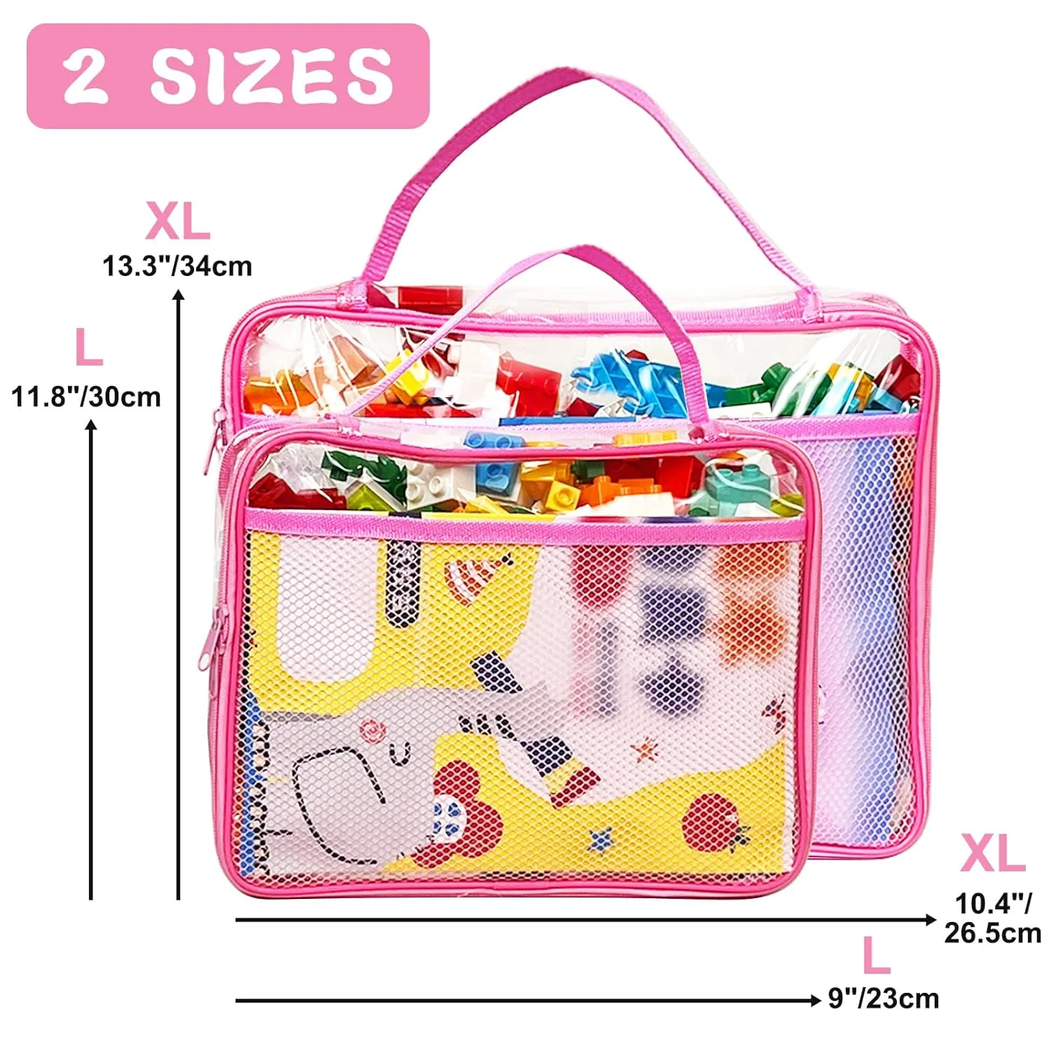 Toy Zippered Blocks Set Storage Bags for boy girls - 4PC Large PVC Storage Organizer Bags with Mesh Side Pockets for Puzzle, Clay, Book, Small Models and Mini Plush Toys, L: 9”x3”x11.8” (Pink)