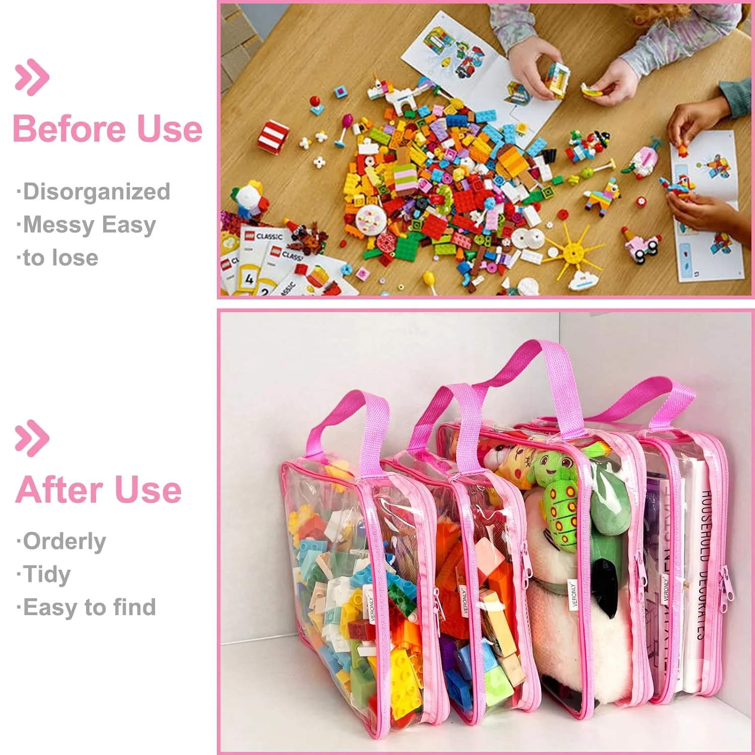 Toy Zippered Blocks Set Storage Bags for boy girls - 4PC Large PVC Storage Organizer Bags with Mesh Side Pockets for Puzzle, Clay, Book, Small Models and Mini Plush Toys, L: 9”x3”x11.8” (Pink)