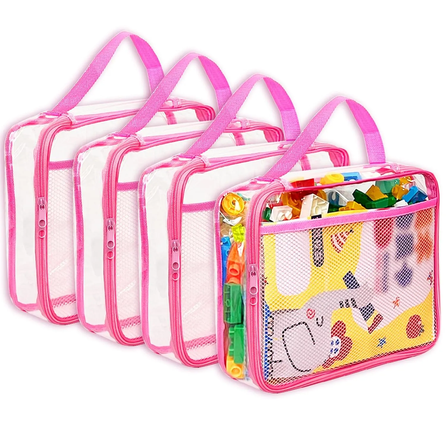Toy Zippered Blocks Set Storage Bags for boy girls - 4PC Large PVC Storage Organizer Bags with Mesh Side Pockets for Puzzle, Clay, Book, Small Models and Mini Plush Toys, L: 9”x3”x11.8” (Pink)