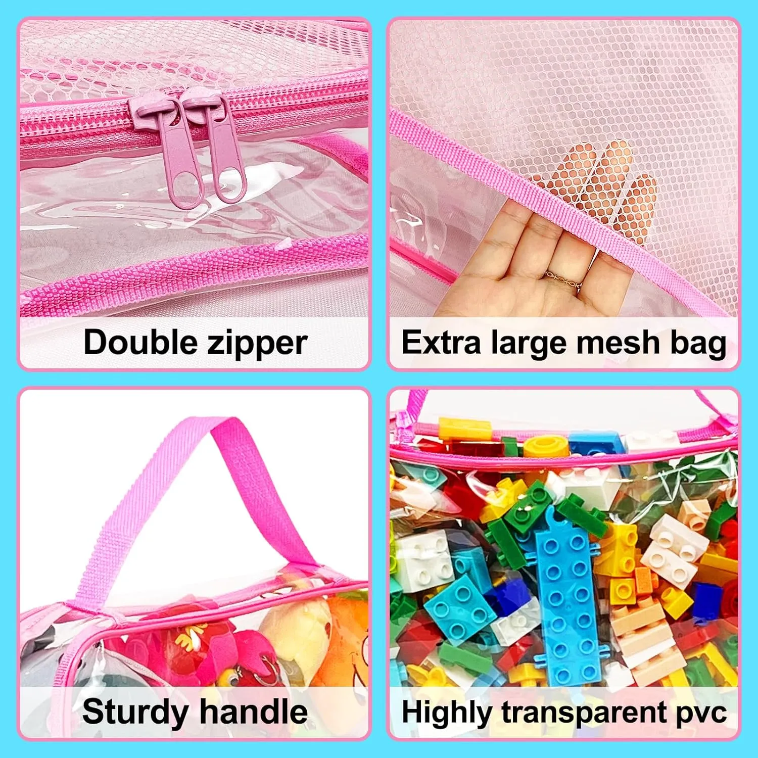 Toy Zippered Blocks Set Storage Bags for boy girls - 4PC Large PVC Storage Organizer Bags with Mesh Side Pockets for Puzzle, Clay, Book, Small Models and Mini Plush Toys, L: 9”x3”x11.8” (Pink)