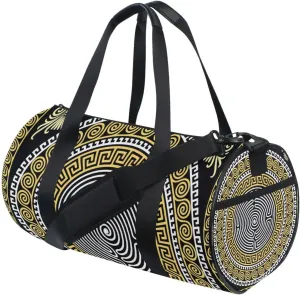 Traditional Vintage Golden Greek Ornament On Black Portable Gym Bag, Travel Bag, Luggage bag, Sports Bag, Toiletry Bag with Handles, Detachable Shoulder Strap 17.6 x 9 x 9 inch