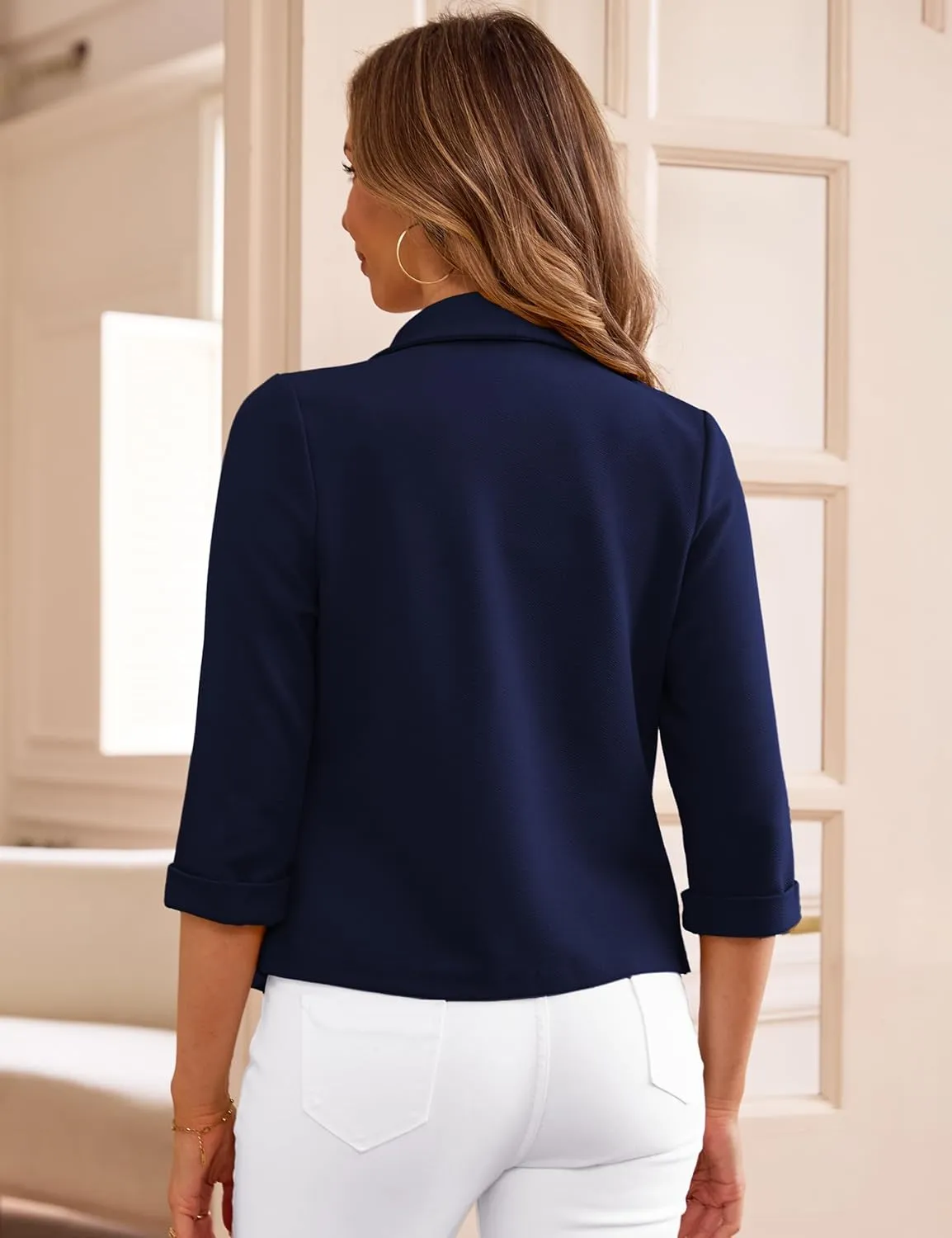 Tralilbee Women's Cropped Blazers 3/4 Sleeve Open Front Lightweight Cardigan Casual Work Office Suit Blazer Jackets S-XL