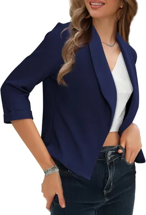 Tralilbee Women's Cropped Blazers 3/4 Sleeve Open Front Lightweight Cardigan Casual Work Office Suit Blazer Jackets S-XL
