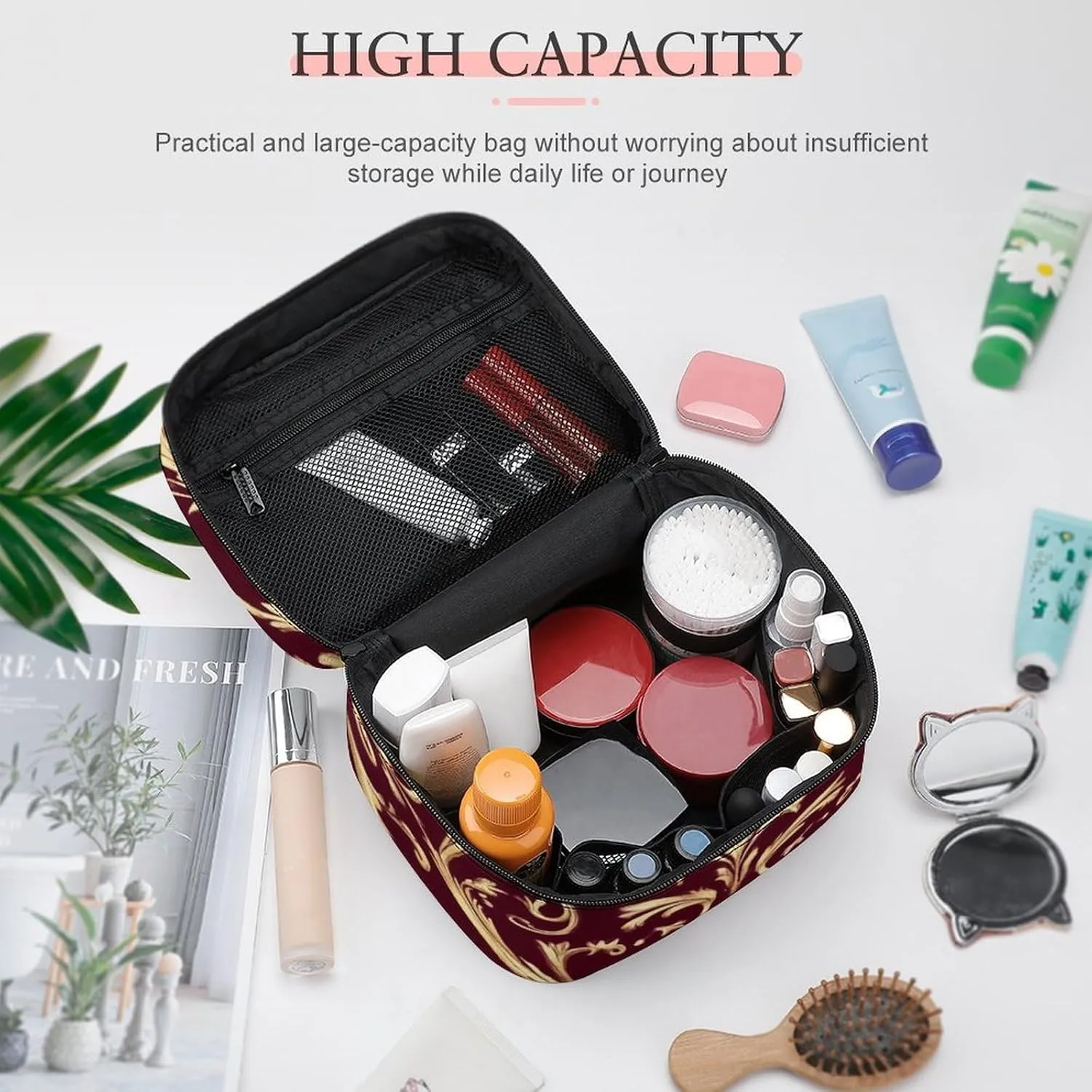 Travel Cosmetic Cases for Women, Multifunctional Makeup Organizer Bag, Flower Maroon Gold Floral Classy Burgundy Antique Toiletry Storage Bag with Handle and Divider