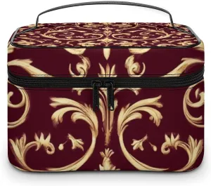 Travel Cosmetic Cases for Women, Multifunctional Makeup Organizer Bag, Flower Maroon Gold Floral Classy Burgundy Antique Toiletry Storage Bag with Handle and Divider