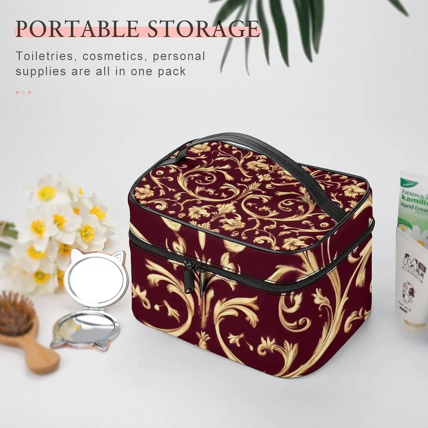 Travel Cosmetic Cases for Women, Multifunctional Makeup Organizer Bag, Flower Maroon Gold Floral Classy Burgundy Antique Toiletry Storage Bag with Handle and Divider
