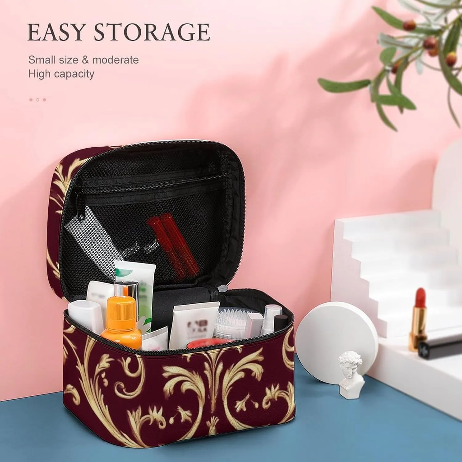 Travel Cosmetic Cases for Women, Multifunctional Makeup Organizer Bag, Flower Maroon Gold Floral Classy Burgundy Antique Toiletry Storage Bag with Handle and Divider