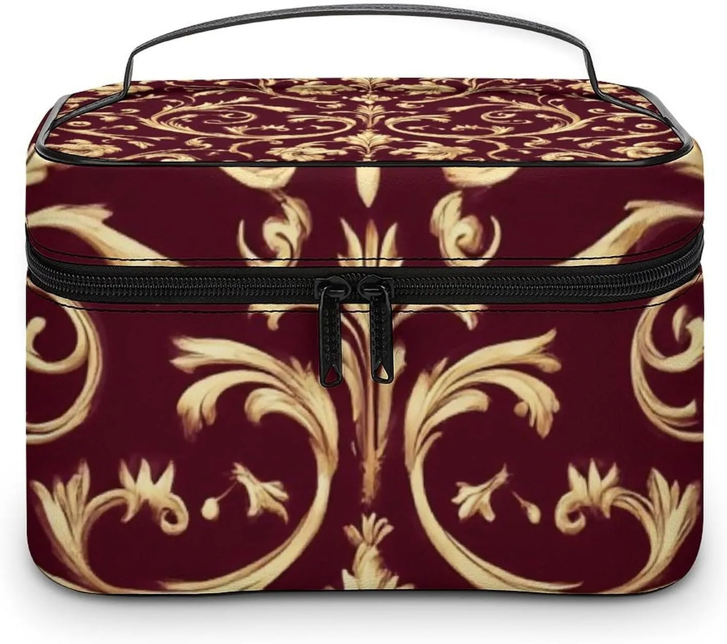 Travel Cosmetic Cases for Women, Multifunctional Makeup Organizer Bag, Flower Maroon Gold Floral Classy Burgundy Antique Toiletry Storage Bag with Handle and Divider