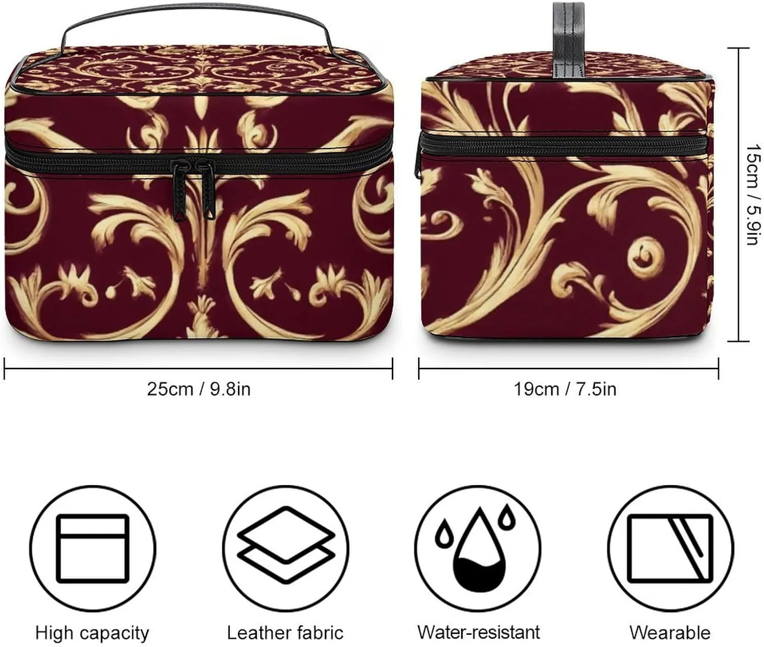 Travel Cosmetic Cases for Women, Multifunctional Makeup Organizer Bag, Flower Maroon Gold Floral Classy Burgundy Antique Toiletry Storage Bag with Handle and Divider