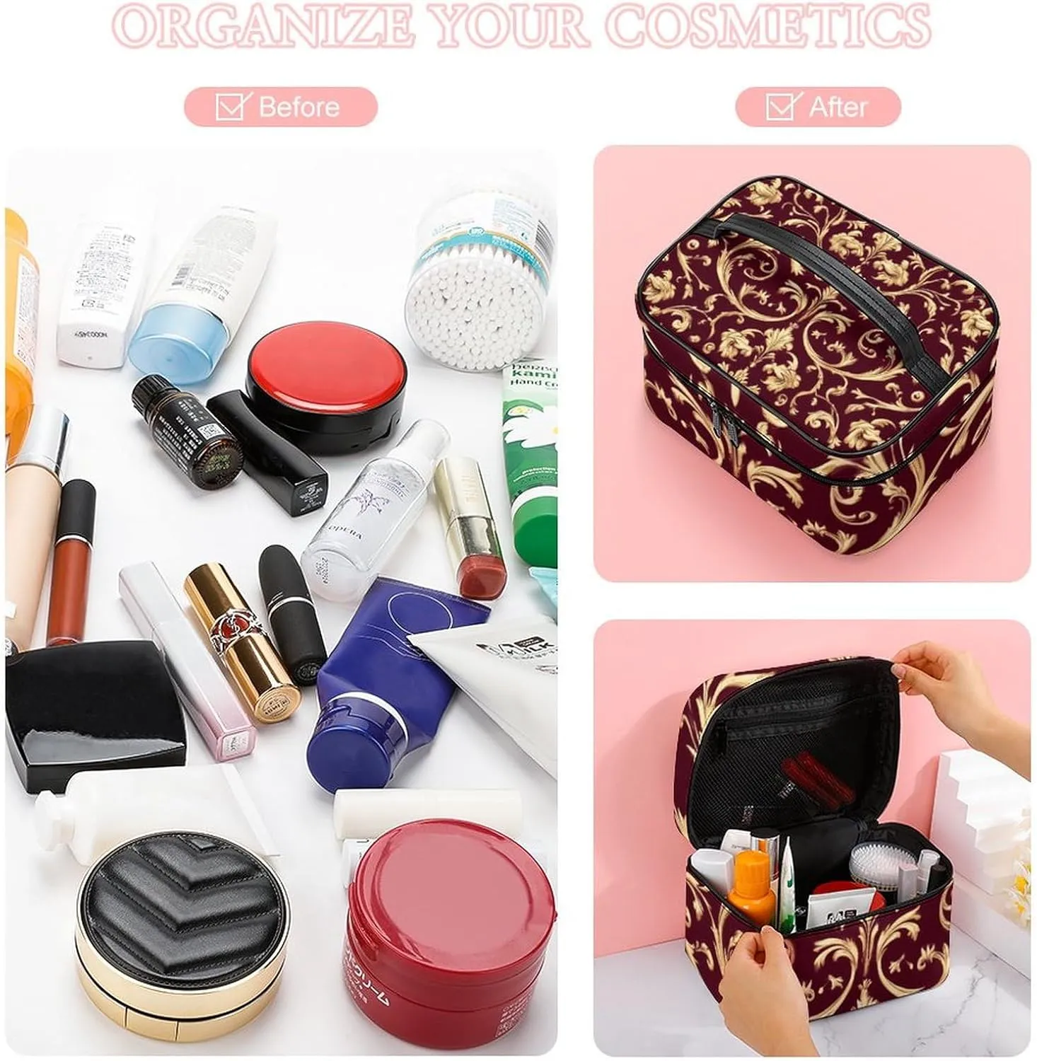Travel Cosmetic Cases for Women, Multifunctional Makeup Organizer Bag, Flower Maroon Gold Floral Classy Burgundy Antique Toiletry Storage Bag with Handle and Divider