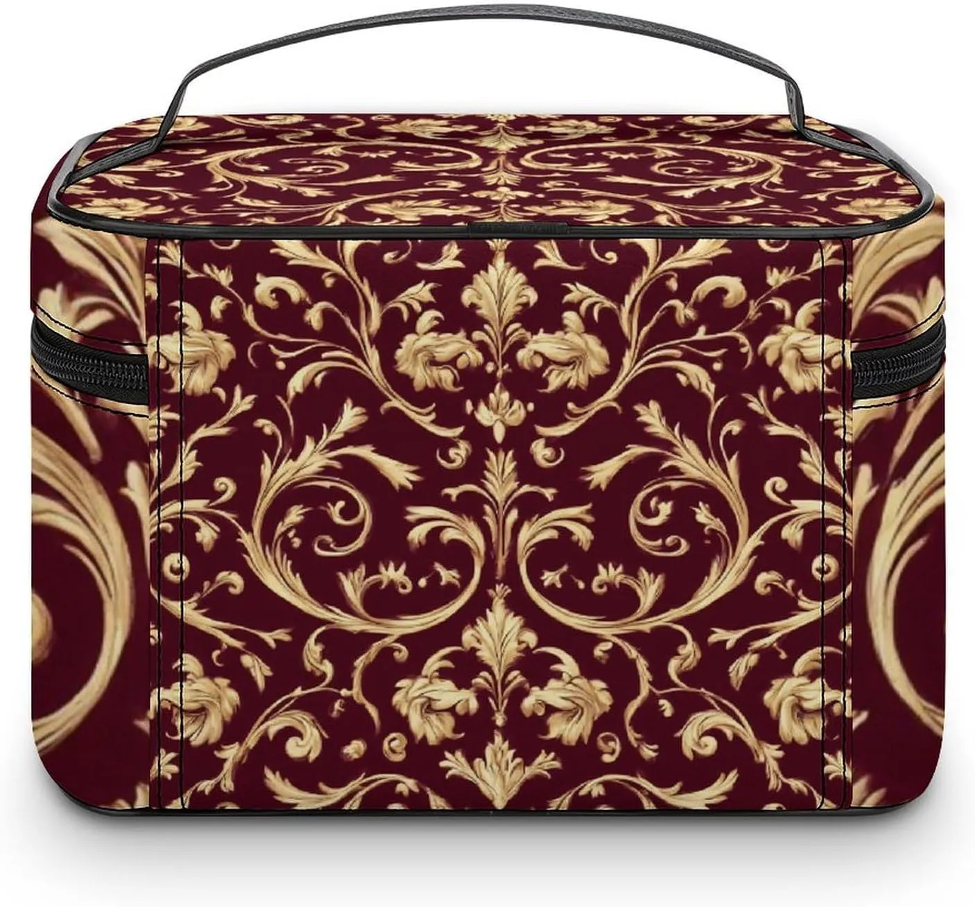 Travel Cosmetic Cases for Women, Multifunctional Makeup Organizer Bag, Flower Maroon Gold Floral Classy Burgundy Antique Toiletry Storage Bag with Handle and Divider