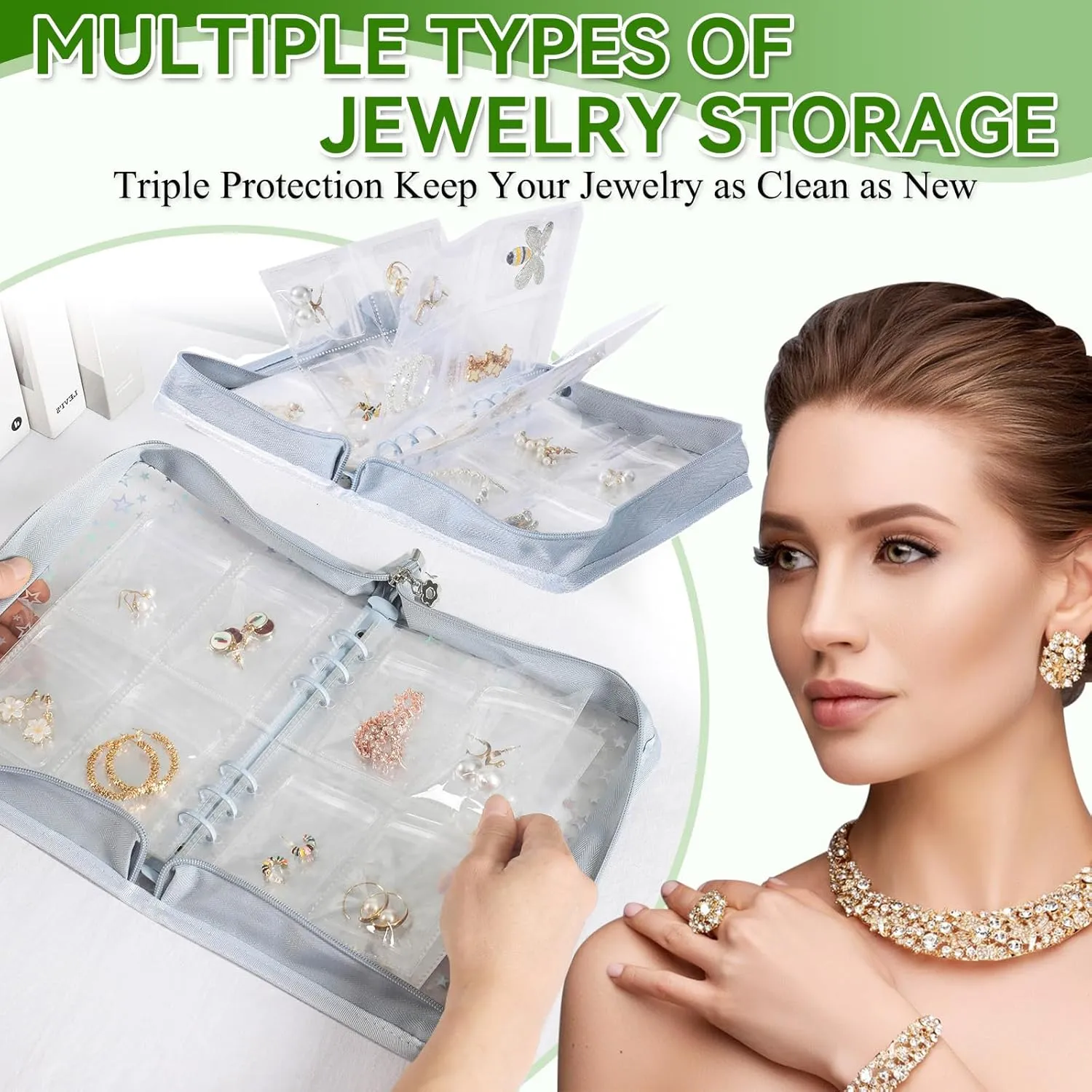 Travel Jewelry Organizer Book Clear Earring Storage Case Transparent Storage Case (Light blue, Set Pack of 2 Jewelry Books)