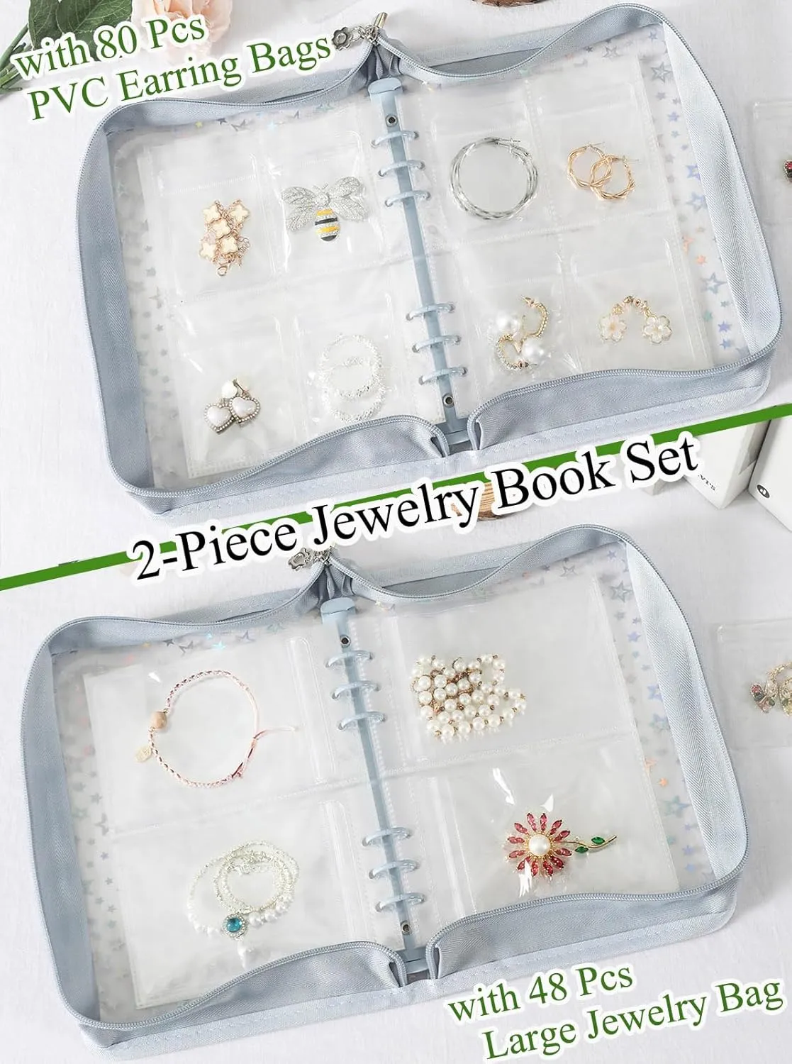 Travel Jewelry Organizer Book Clear Earring Storage Case Transparent Storage Case (Light blue, Set Pack of 2 Jewelry Books)