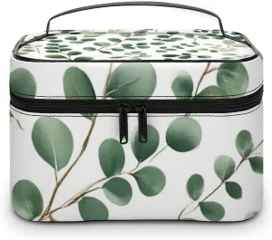 Travel Large Cosmetic Bag for Women, Portable Makeup Organizer Case with Handle Watercolor Sage Green Leaf Toiletry Bag Makeup Accessories