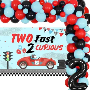 Two Fast Two Curious Birthday Decorations Boy, Race Car 2nd Birthday Decorations, Retro Red Black Blue Balloon Arch Backdrop Number 2 Foil Balloons for Let's Go Racing Party