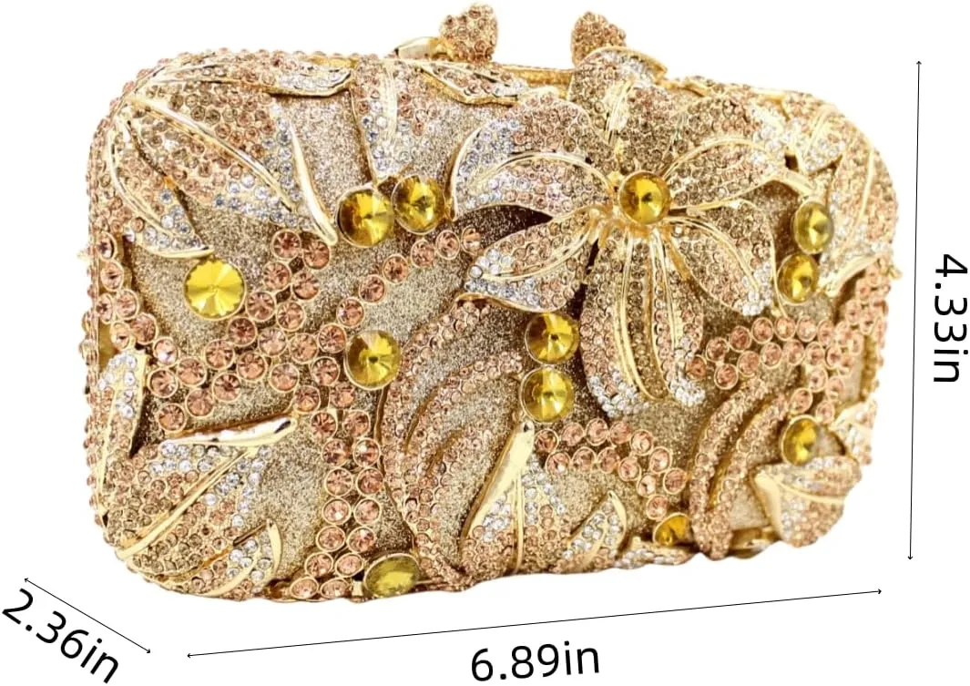 UMREN Elegant Crystal Women Flower Clutch Rhinestone Evening Bag Wedding Bridal Handbag Diamond Floral Purse for Party Prom