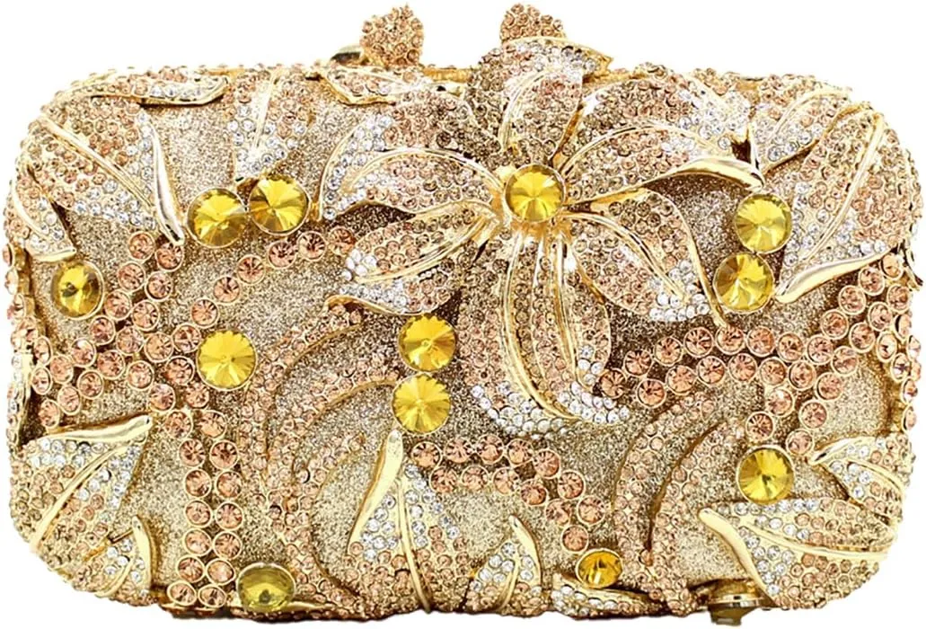 UMREN Elegant Crystal Women Flower Clutch Rhinestone Evening Bag Wedding Bridal Handbag Diamond Floral Purse for Party Prom