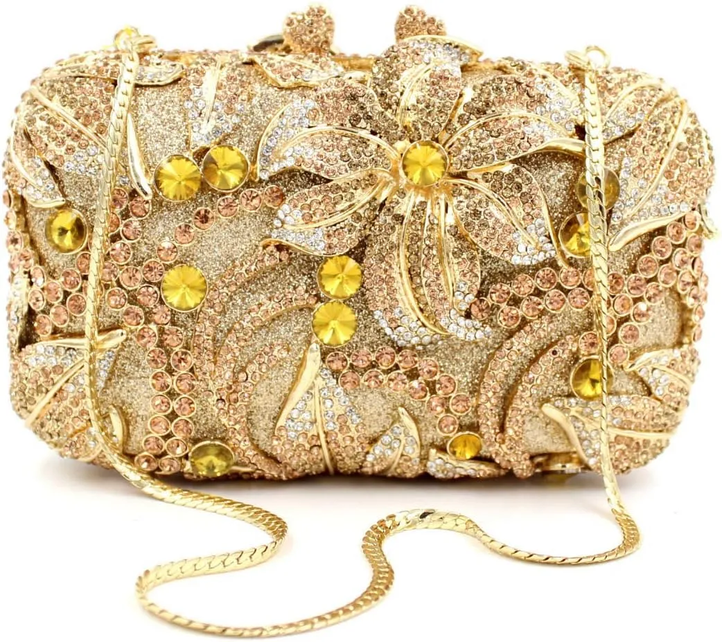 UMREN Elegant Crystal Women Flower Clutch Rhinestone Evening Bag Wedding Bridal Handbag Diamond Floral Purse for Party Prom